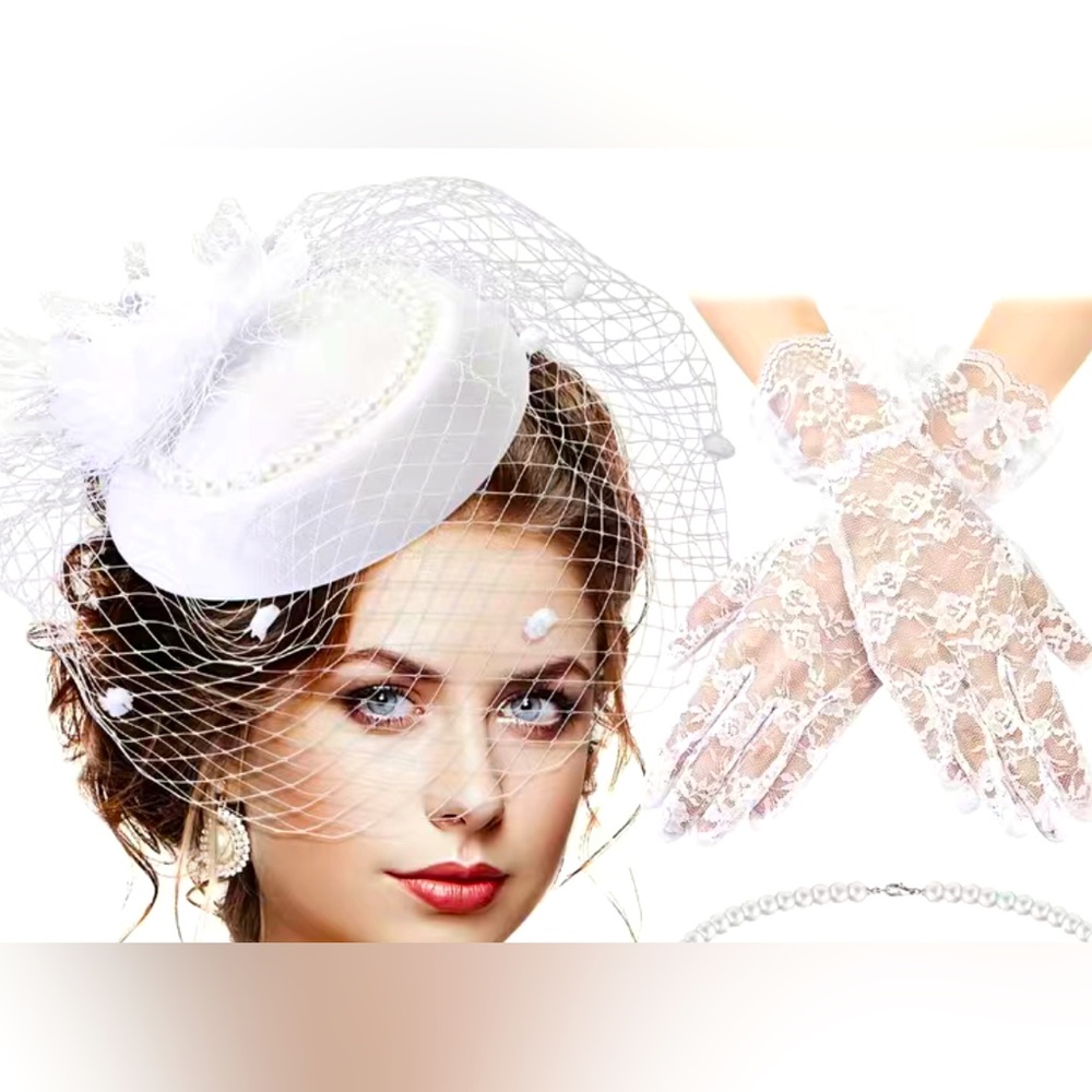 Hat With Veil Feather Headpiece and Lace Gloves